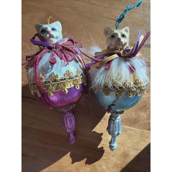 Pair Katherine's Collection Tabby CatFinial Jester Dangle Drop Ornament 2003